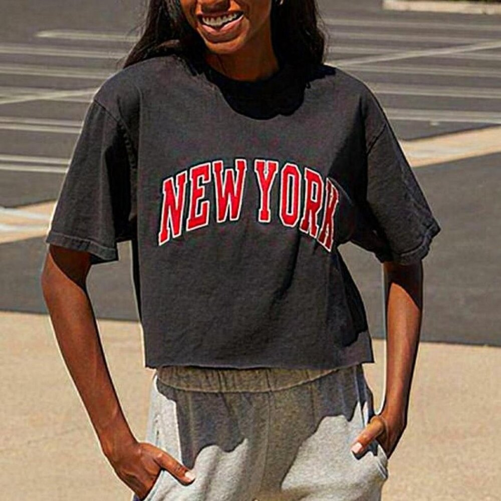 Brandy Melville Black Cropped 'New York' Tee with Red Lettering